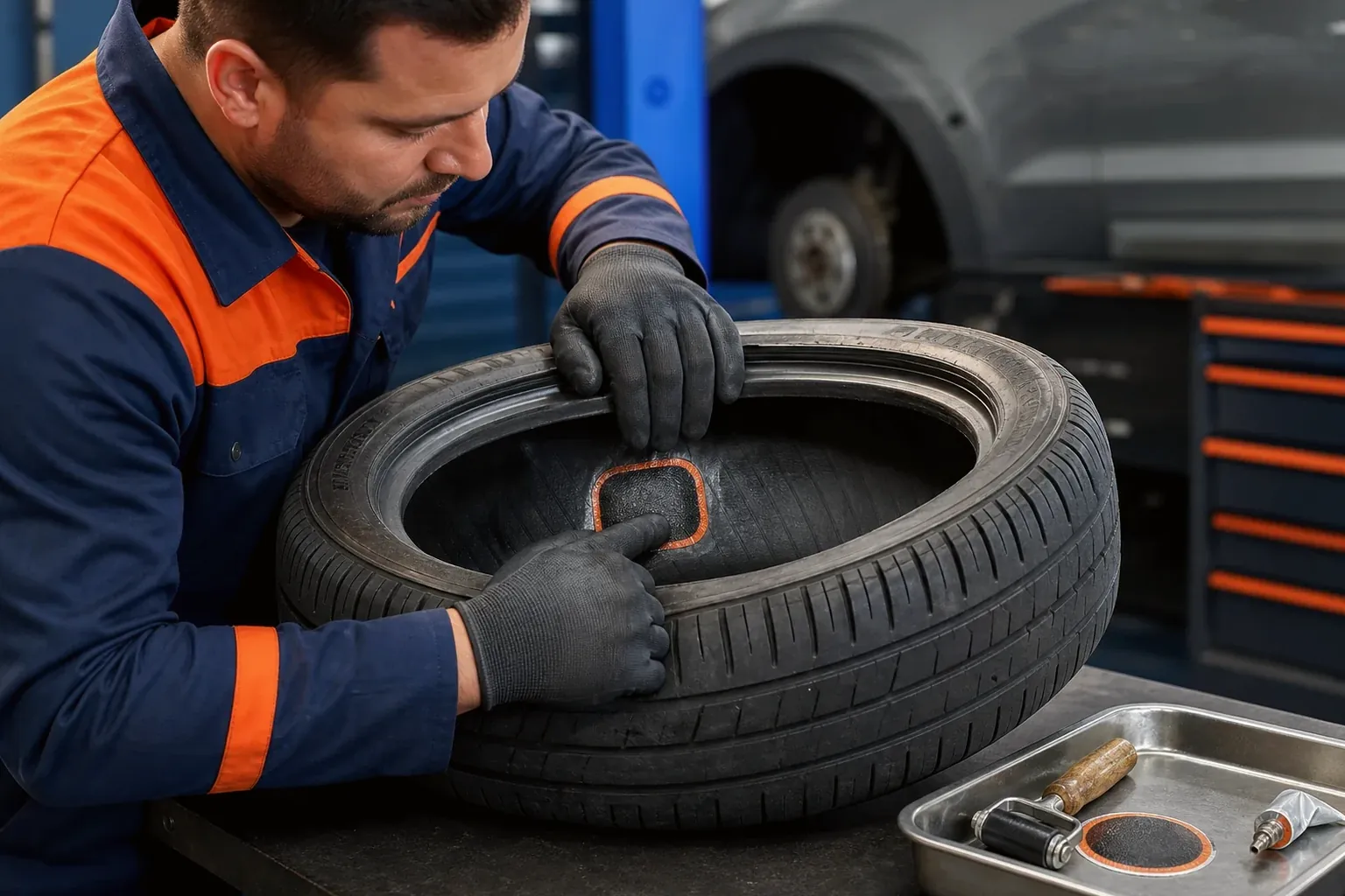 Profissional em Nova Lima consertando pneus com ferramentas especializadas.