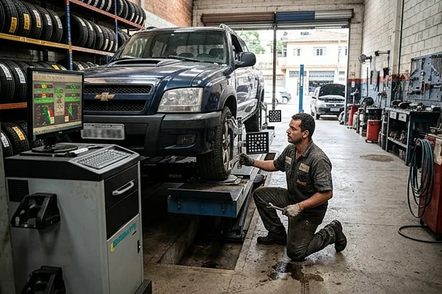 Técnico em Nova Lima alinhando rodas de carro com ferramentas adequadas.