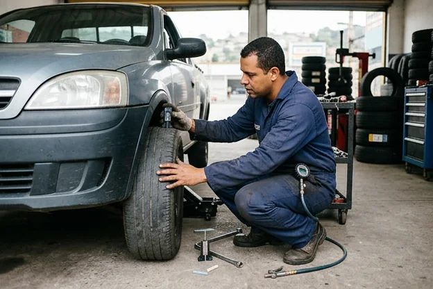 Técnico em Nova Lima analisando pneus para manutenção de segurança.