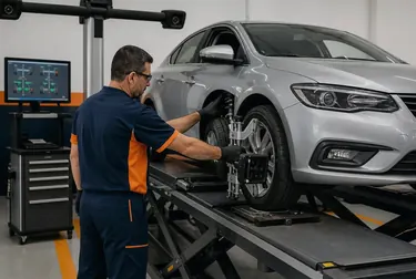 Técnico em Nova Lima realizando alinhamento de rodas com equipamento profissional.