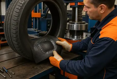 Técnico em Nova Lima realizando vulcanização de pneus com ferramentas especiais.