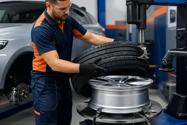 Técnico trocando pneus de carro em Nova Lima usando ferramentas apropriadas.
