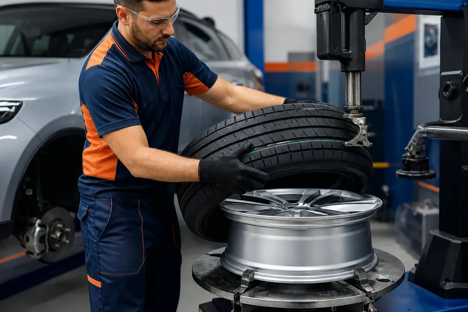 Técnico trocando pneus de carro em Nova Lima usando ferramentas apropriadas.